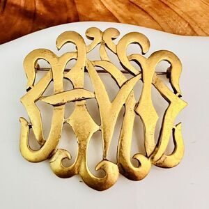 Vintage M Jent Brooch Celtic Knote Brushed Gold tone Metal Weaved Design 4018